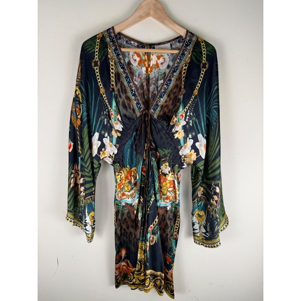 Camilla Colorful 100% Silk Painted Floral Chains Jungle Dress Embellished Small